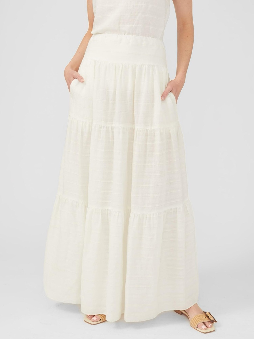NWT J.McLaughlin Ophelia Maxi Skirt M Cotton Linen Blend Voile Tiered Ecru Ivory